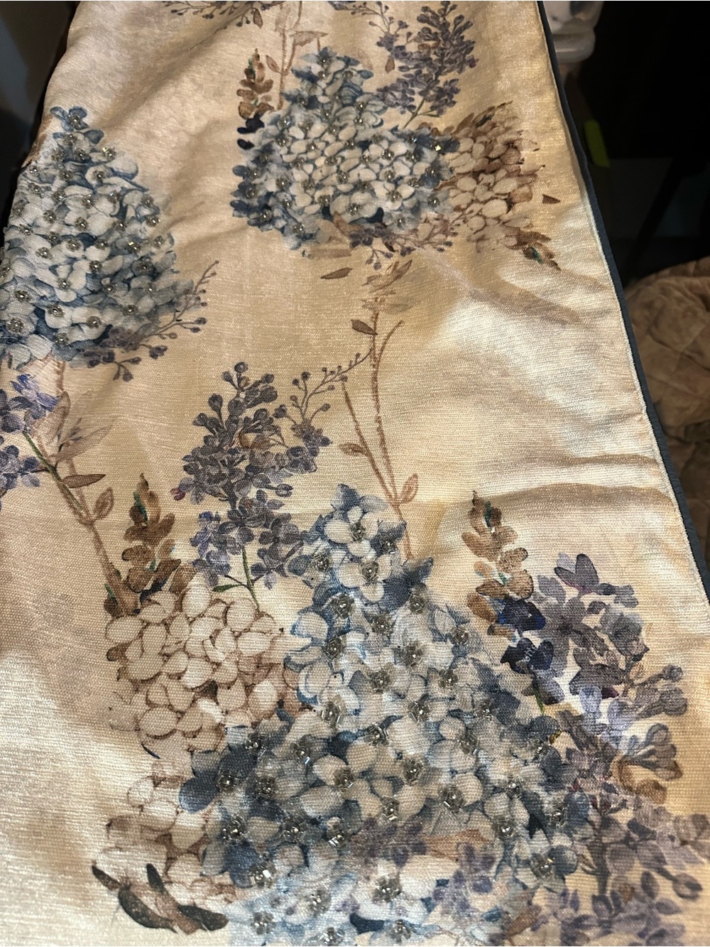 Floral Hydrangea beaded table runner in Cream, tan and Blue